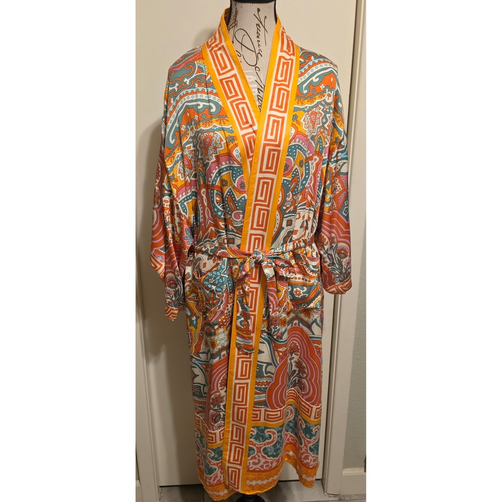 Haute Hippie Style Paisley Kimono Robe Orange Pink Blue Rayon Long Belted Small